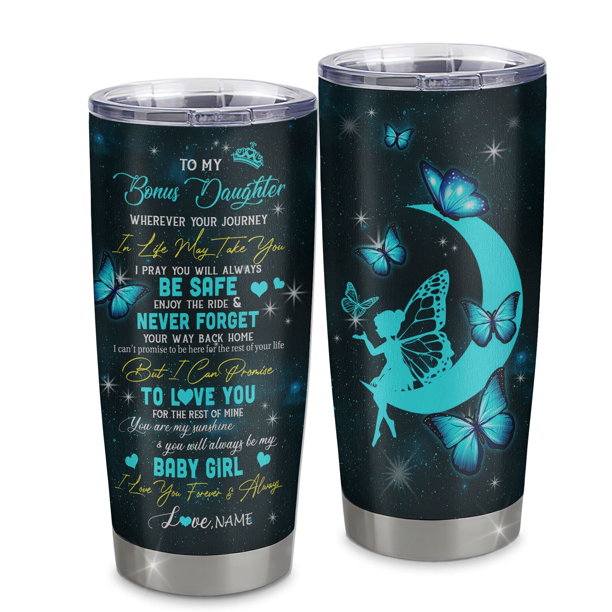 Personalized To My Bonus Daughter Tumbler From Stepmom Stepdad Stainless Steel Cup Fairy Silhouette Fantasy Moon Stepdaughter Birthday Christmas Travel Mug | siriusteestore