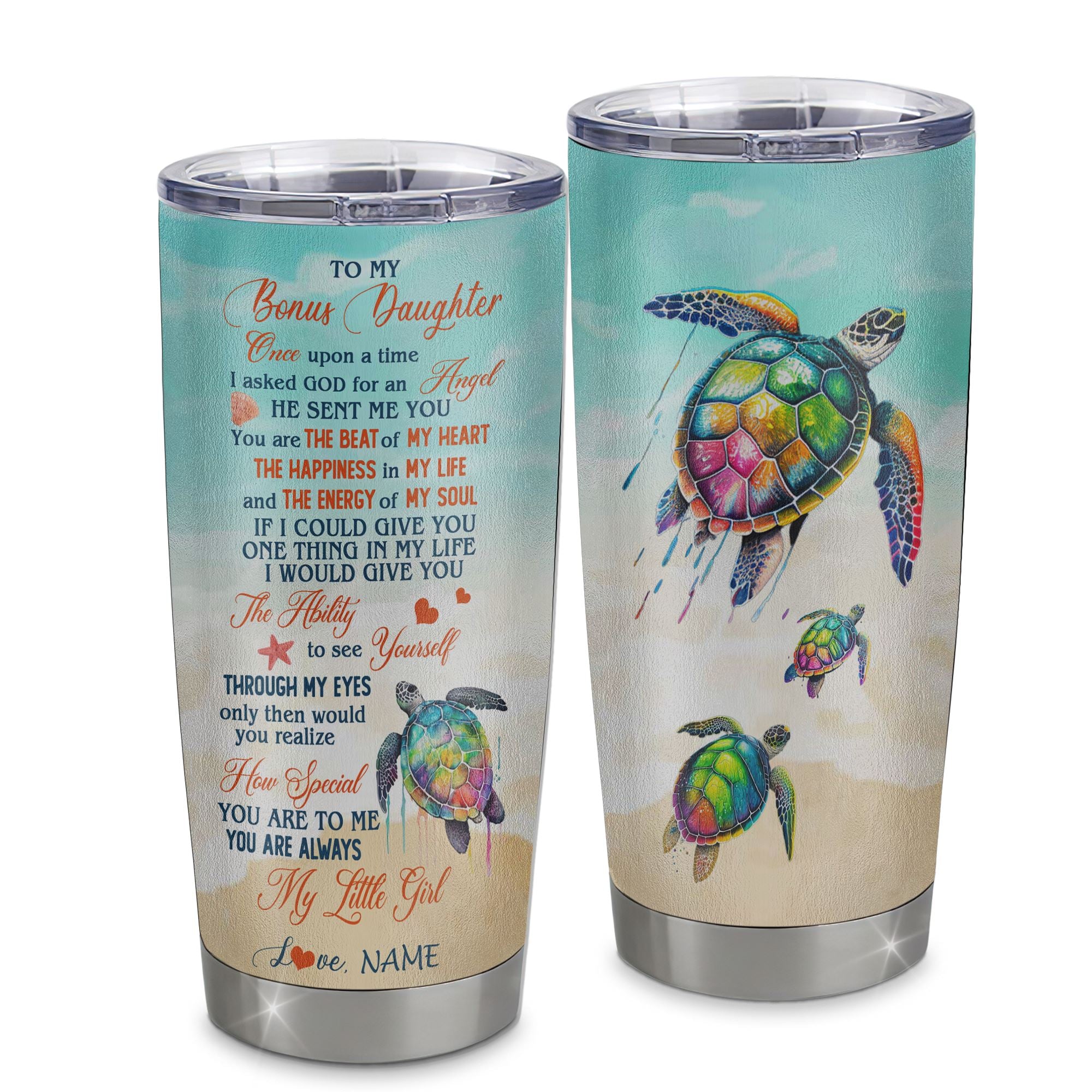 Personalized To My Bonus Daughter Tumbler From Stepmom Stepdad Stainless Steel Once Upon A Time Sea Turtle Beach Stepdaughter Birthday Christmas Travel Mug | siriusteestore