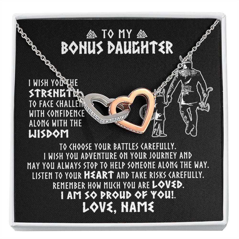 Interlocking Hearts Necklace | Personalized To My Bonus Daughter Viking Necklace From Stepdad I Am So Proud Of You Runes Viking Stepdaughter Christmas Customized Gift Box Message Card | siriusteestore