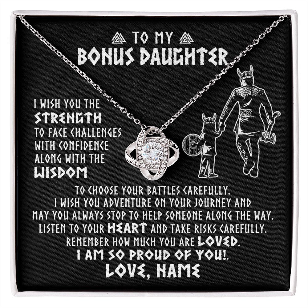 Love Knot Necklace | Personalized To My Bonus Daughter Viking Necklace From Stepdad I Am So Proud Of You Runes Viking Stepdaughter Christmas Customized Gift Box Message Card | siriusteestore