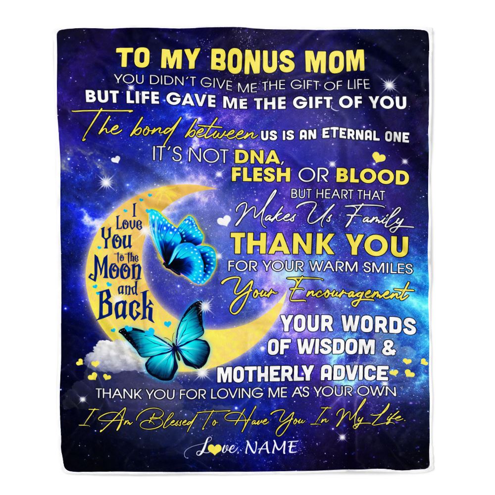 Personalized To My Bonus Mom Blanket from Daughter In Law Thank You For Loving Me Butterfly Stepmother Mothers Day Birthday Christmas Customized Fleece Blanket | siriusteestore