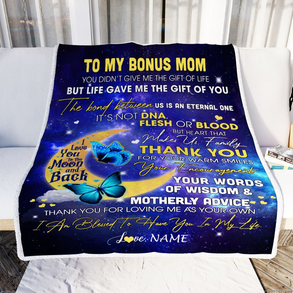 Personalized To My Bonus Mom Blanket from Daughter In Law Thank You For Loving Me Butterfly Stepmother Mothers Day Birthday Christmas Customized Fleece Blanket | siriusteestore
