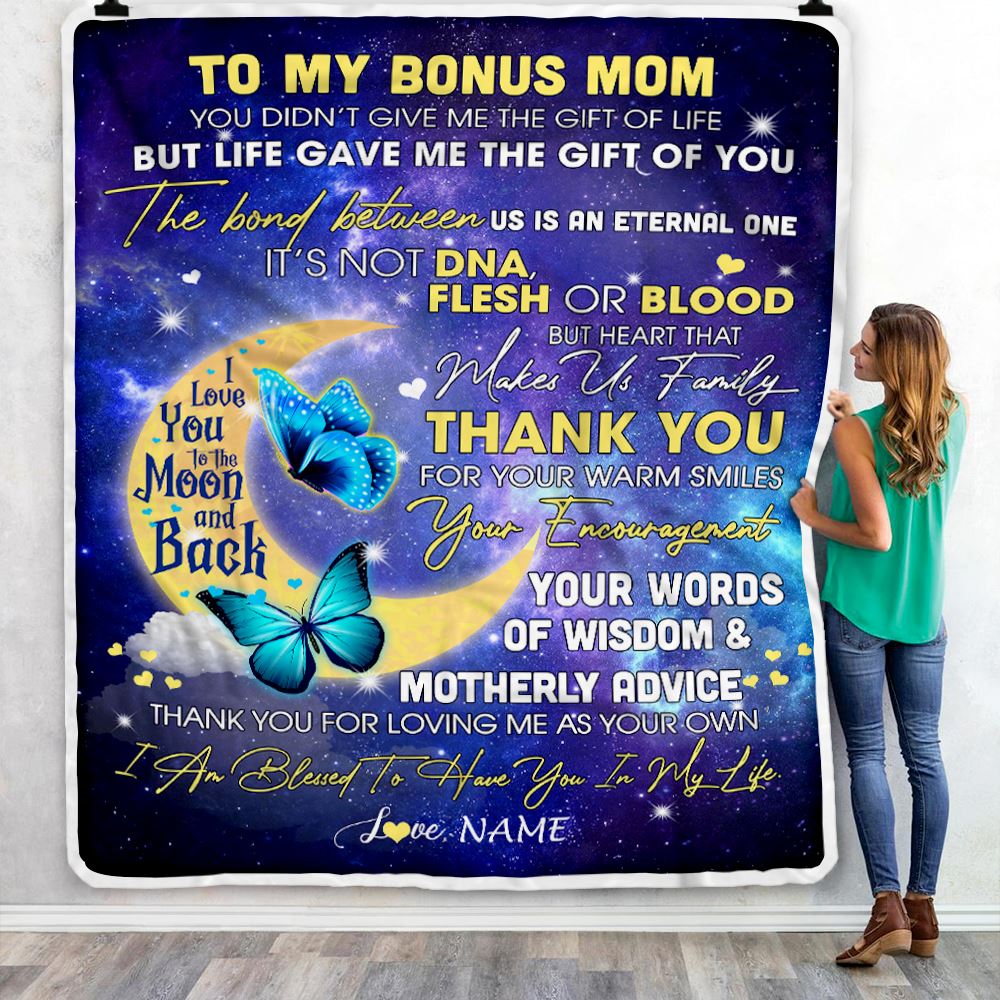 Personalized To My Bonus Mom Blanket from Daughter In Law Thank You For Loving Me Butterfly Stepmother Mothers Day Birthday Christmas Customized Fleece Blanket | siriusteestore