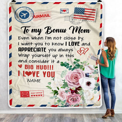 Personalized To My Bonus Mom Blanket from Daughter Son Floral Air Mail Letter I Love You Bonus Mom Birthday Mothers Day Christmas Customized Fleece Blanket | siriusteestore