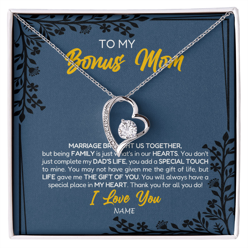 Forever Love Necklace | Personalized To My Bonus Mom Necklace From Daughter Stepmom Jewelry Birthday Mothers Day Christmas Customized Box Message Card | siriusteestore