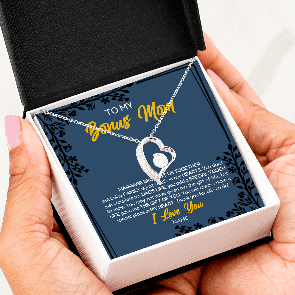 Forever Love Necklace | Personalized To My Bonus Mom Necklace From Daughter Stepmom Jewelry Birthday Mothers Day Christmas Customized Box Message Card | siriusteestore