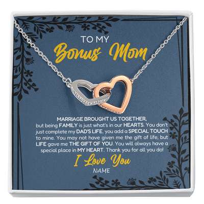 Interlocking Hearts Necklace | Personalized To My Bonus Mom Necklace From Daughter Stepmom Jewelry Birthday Mothers Day Christmas Customized Box Message Card | siriusteestore