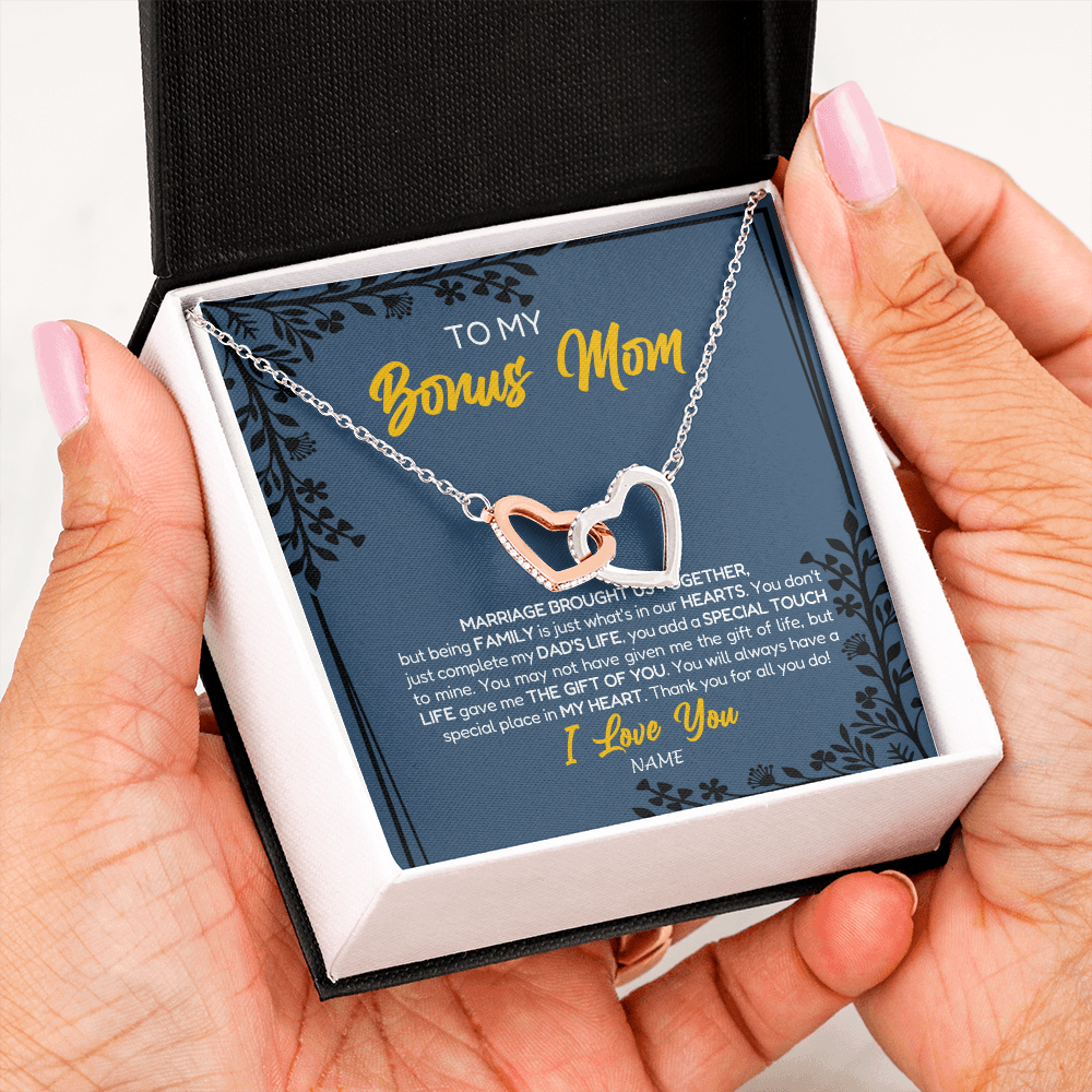 Interlocking Hearts Necklace | Personalized To My Bonus Mom Necklace From Daughter Stepmom Jewelry Birthday Mothers Day Christmas Customized Box Message Card | siriusteestore
