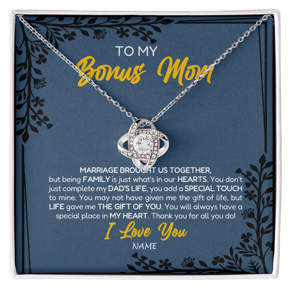 Love Knot Necklace | Personalized To My Bonus Mom Necklace From Daughter Stepmom Jewelry Birthday Mothers Day Christmas Customized Box Message Card | siriusteestore