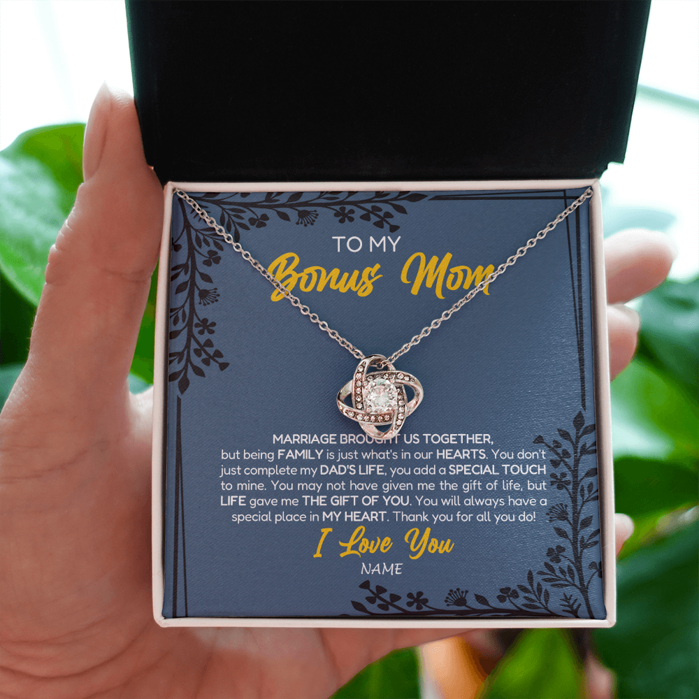 Love Knot Necklace | Personalized To My Bonus Mom Necklace From Daughter Stepmom Jewelry Birthday Mothers Day Christmas Customized Box Message Card | siriusteestore
