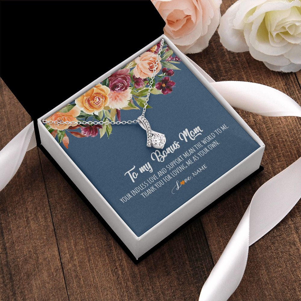 Alluring Beauty Necklace | Personalized To My Bonus Mom Necklace Your Endless Love and Support Stepmother Stepmom Jewelry Birthday Mothers Day Christmas Customized Gift Box Message Card | siriusteestore