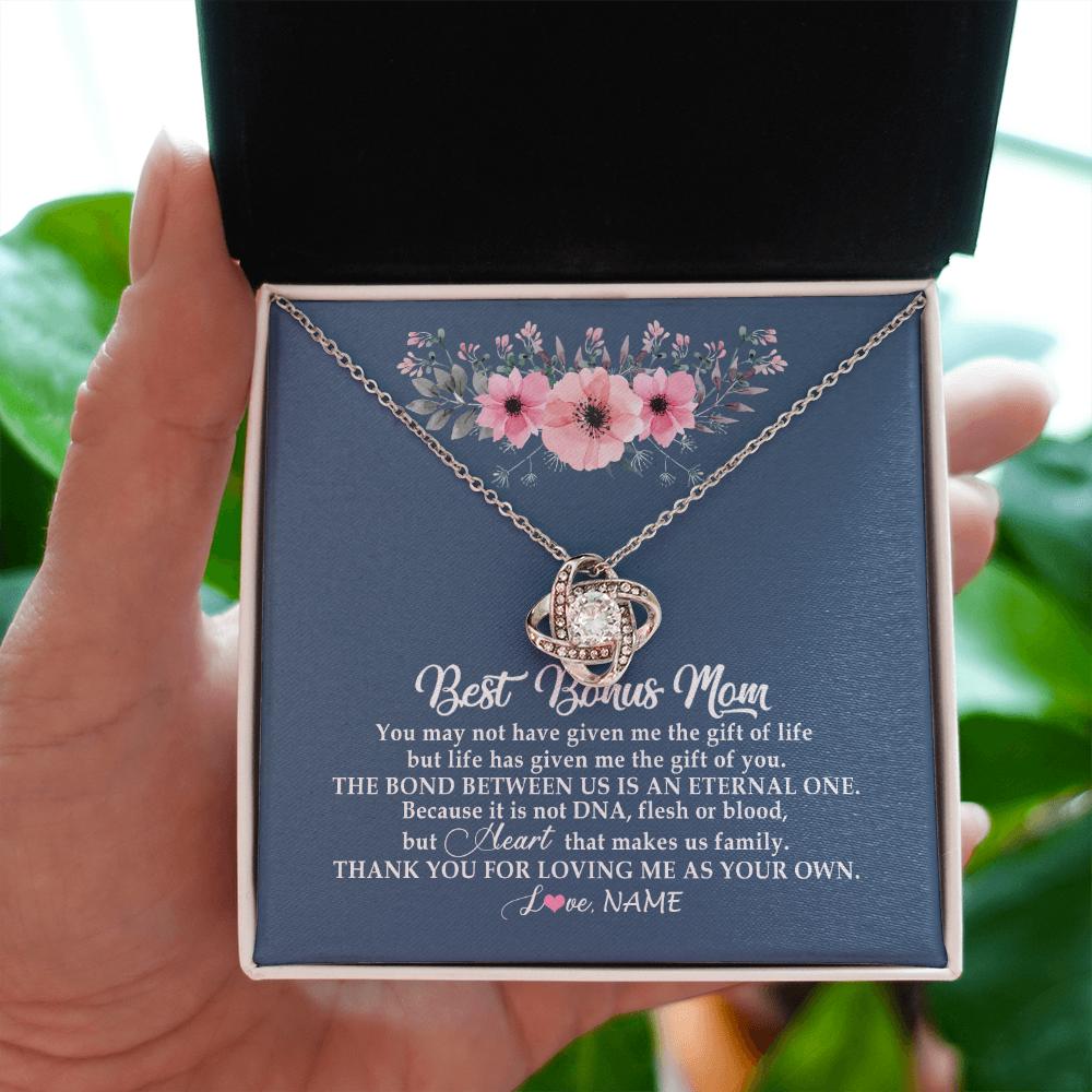 Love Knot Necklace | Personalized To My Bonus Mom Necklace from Daughter Thank You For Loving Me Bonus Mom Jewelry Birthday Mothers Day Christmas Customized Message Card | siriusteestore