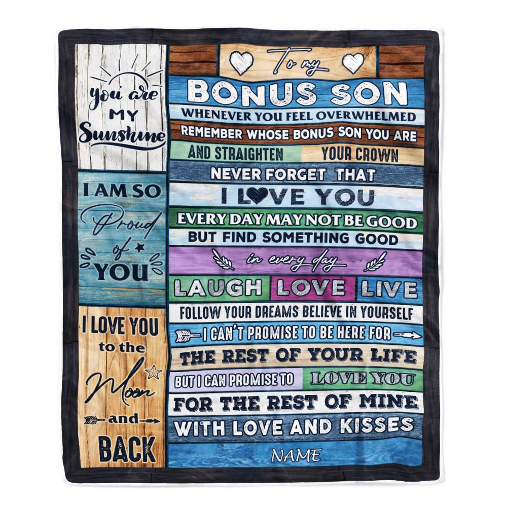 Personalized To My Bonus Son Blanket From Mom Wood Whenever You Feel Overwhelmed Stepson Birthday Graduation Christmas Customized Bed Fleece Blanket | siriusteestore