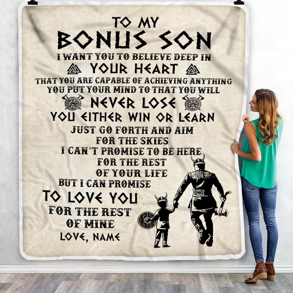 Personalized To My Bonus Son Blanket From Step Dad You Will Never Lose Viking Stepson Birthday Graduation Christmas Customized Fleece Blanket | siriusteestore
