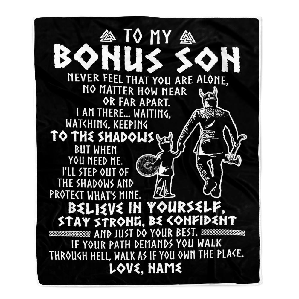 Personalized To My Bonus Son Blanket Viking Never Feel You Are Alone Scandinavian Runes Viking Stepson Birthday Christmas Customized Bed Fleece Blanket | siriusteestore