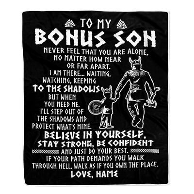 Personalized To My Bonus Son Blanket Viking Never Feel You Are Alone Scandinavian Runes Viking Stepson Birthday Christmas Customized Bed Fleece Blanket | siriusteestore