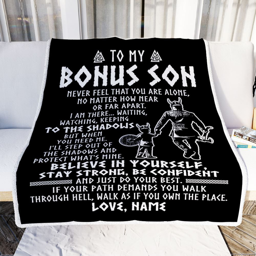 Personalized To My Bonus Son Blanket Viking Never Feel You Are Alone Scandinavian Runes Viking Stepson Birthday Christmas Customized Bed Fleece Blanket | siriusteestore
