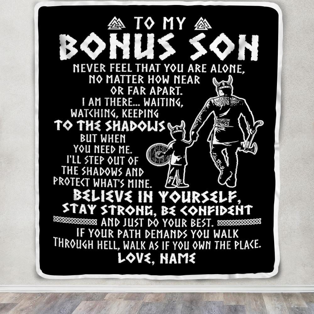 Personalized To My Bonus Son Blanket Viking Never Feel You Are Alone Scandinavian Runes Viking Stepson Birthday Christmas Customized Bed Fleece Blanket | siriusteestore