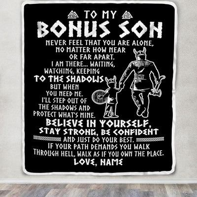 Personalized To My Bonus Son Blanket Viking Never Feel You Are Alone Scandinavian Runes Viking Stepson Birthday Christmas Customized Bed Fleece Blanket | siriusteestore