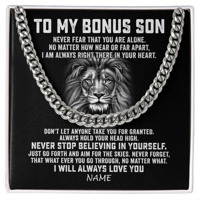 Cuban Link Chain Necklace | Personalized To My Bonus Son Cuban Necklace From Stepmom Stepdad Never Fear That You Are Alone Lion Stepson Birthday Christmas Customized Gift Box Message Card | siriusteestore