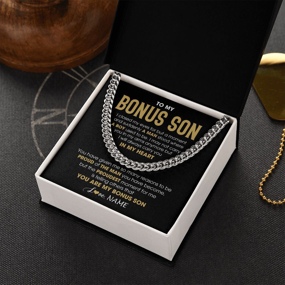Cuban Link Chain Necklace | Personalized To My Bonus Son Cuban Necklace From Stepmom Stepdad Proud Of The Man Stepson Birthday Graduation Christmas Customized Gift Box Message Card | siriusteestore