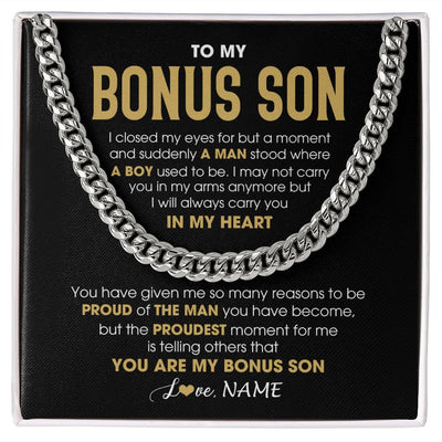 Cuban Link Chain Necklace | Personalized To My Bonus Son Cuban Necklace From Stepmom Stepdad Proud Of The Man Stepson Birthday Graduation Christmas Customized Gift Box Message Card | siriusteestore