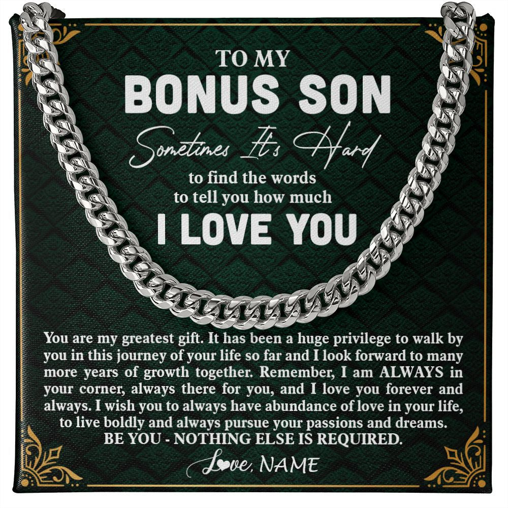Cuban Link Chain Necklace | Personalized To My Bonus Son Necklace Cuban From Stepmom Stepdad You Are My Greatest Gift Stepson Birthday Christmas Customized Gift Box Message Card | siriusteestore