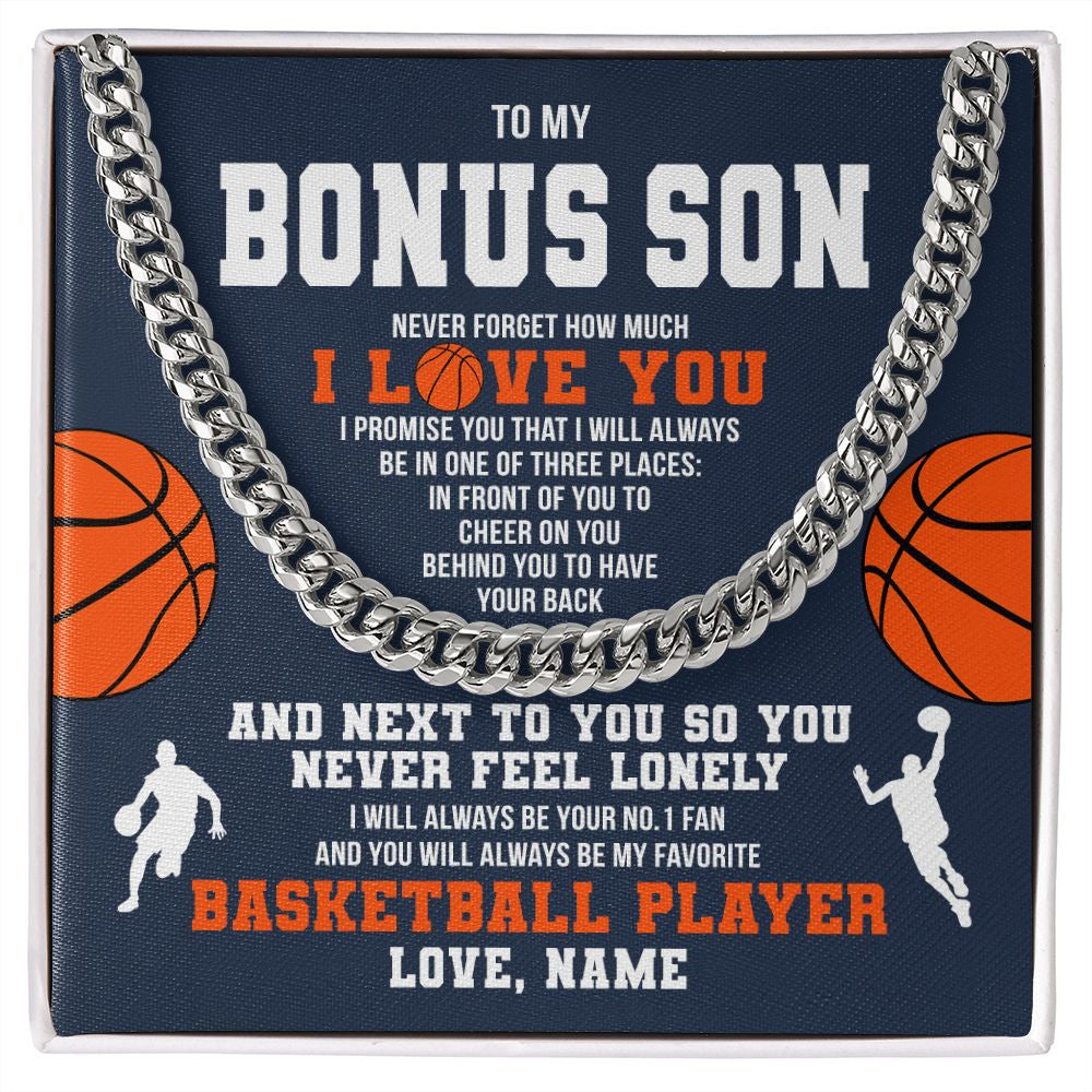 Cuban Link Chain Necklace | Personalized To My Bonus Son Necklace From Step Mom Stepdad Never Forget I Love You Basketball Stepson Birthday Christmas Customized Gift Box Message Card | siriusteestore