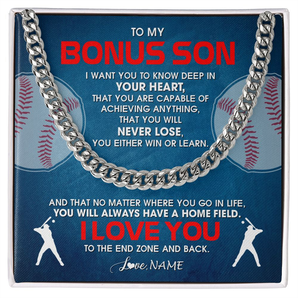 Cuban Link Chain Necklace | Personalized To My Bonus Son Necklace From Step Mom Stepdad Never Lose Baseball Step Son Birthday Graduation Christmas Customized Gift Box Message Card | siriusteestore