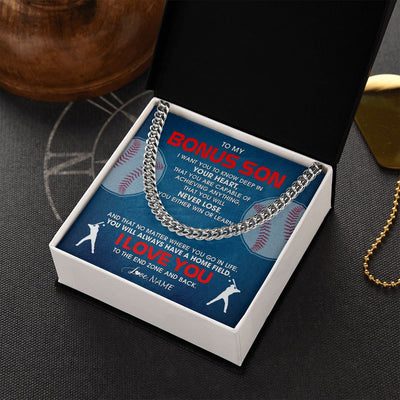 Cuban Link Chain Necklace | Personalized To My Bonus Son Necklace From Step Mom Stepdad Never Lose Baseball Step Son Birthday Graduation Christmas Customized Gift Box Message Card | siriusteestore