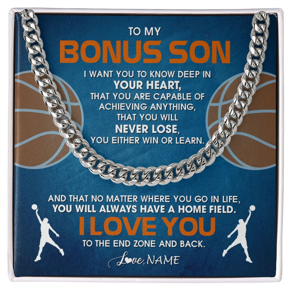 Cuban Link Chain Necklace | Personalized To My Bonus Son Necklace From Step Mom Stepdad Never Lose Basketball Step Son Birthday Graduation Christmas Customized Gift Box Message Card | siriusteestore