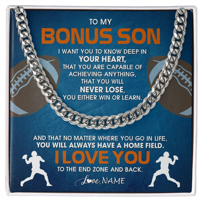 Cuban Link Chain Necklace | Personalized To My Bonus Son Necklace From Step Mom Stepdad Never Lose Football Step Son Birthday Graduation Christmas Customized Gift Box Message Card | siriusteestore