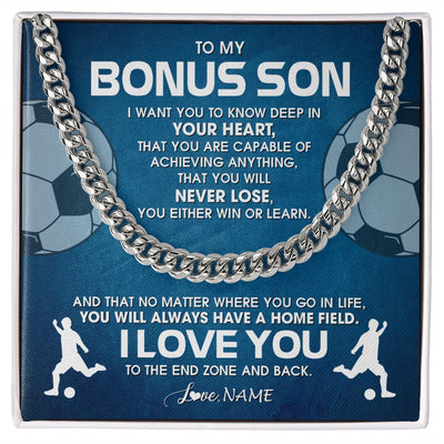 Cuban Link Chain Necklace | Personalized To My Bonus Son Necklace From Step Mom Stepdad Never Lose Soccer Step Son Birthday Graduation Christmas Customized Gift Box Message Card | siriusteestore