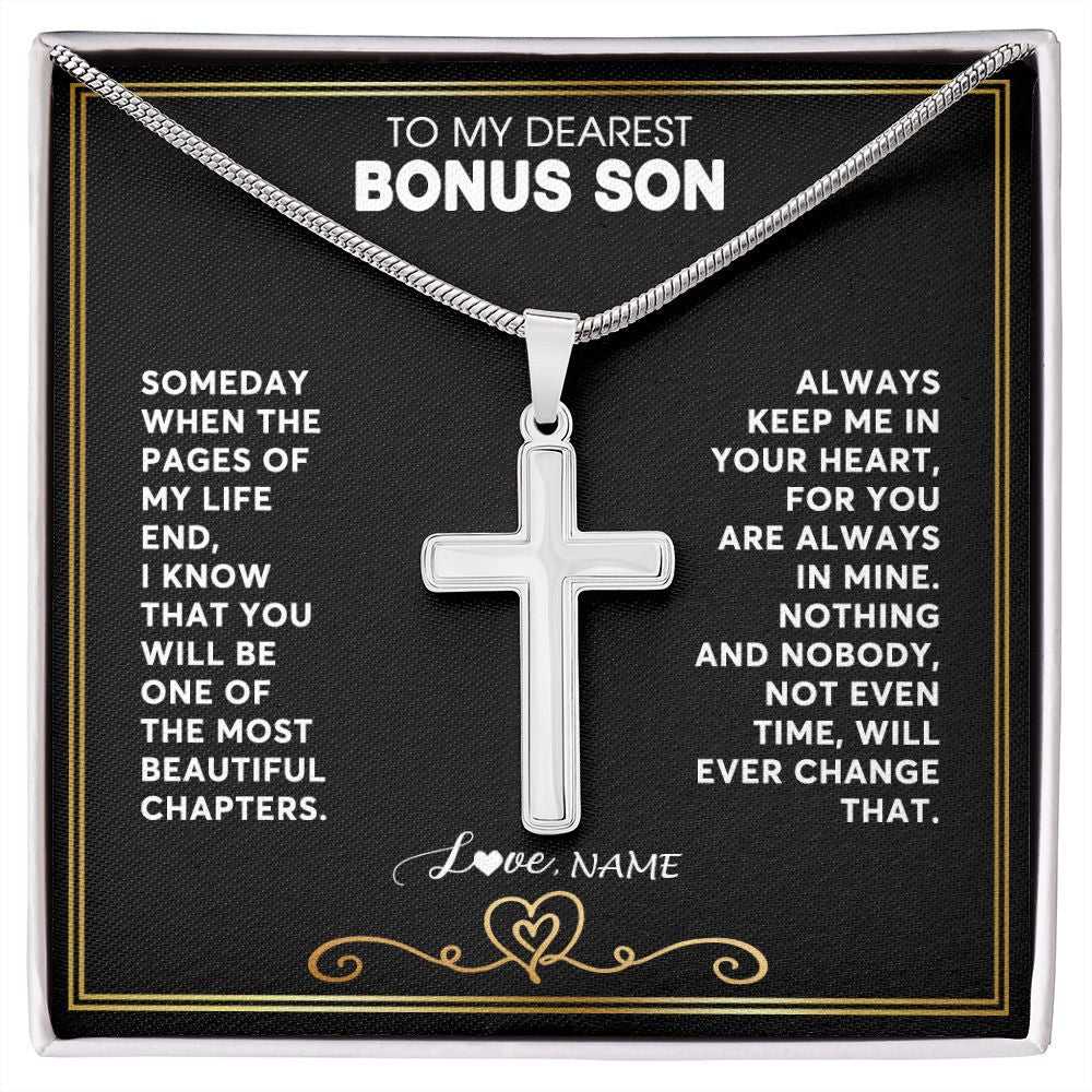 Stainless Cross Necklace | Personalized To My Bonus Son Necklace From Step Mother When The Pages Of My Life End Stepson Birthday Christmas Customized Gift Box Message Card | siriusteestore