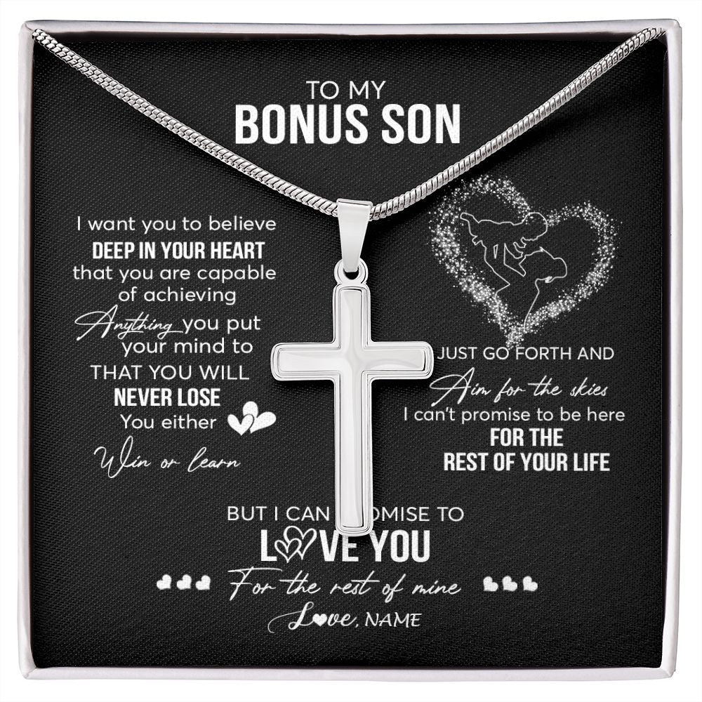 Stainless Cross Necklace | Personalized To My Bonus Son Necklace From Stepdad Promise To Love You Stepson Birthday Graduation Christmas Pendant Customized Gift Box Message Card | siriusteestore