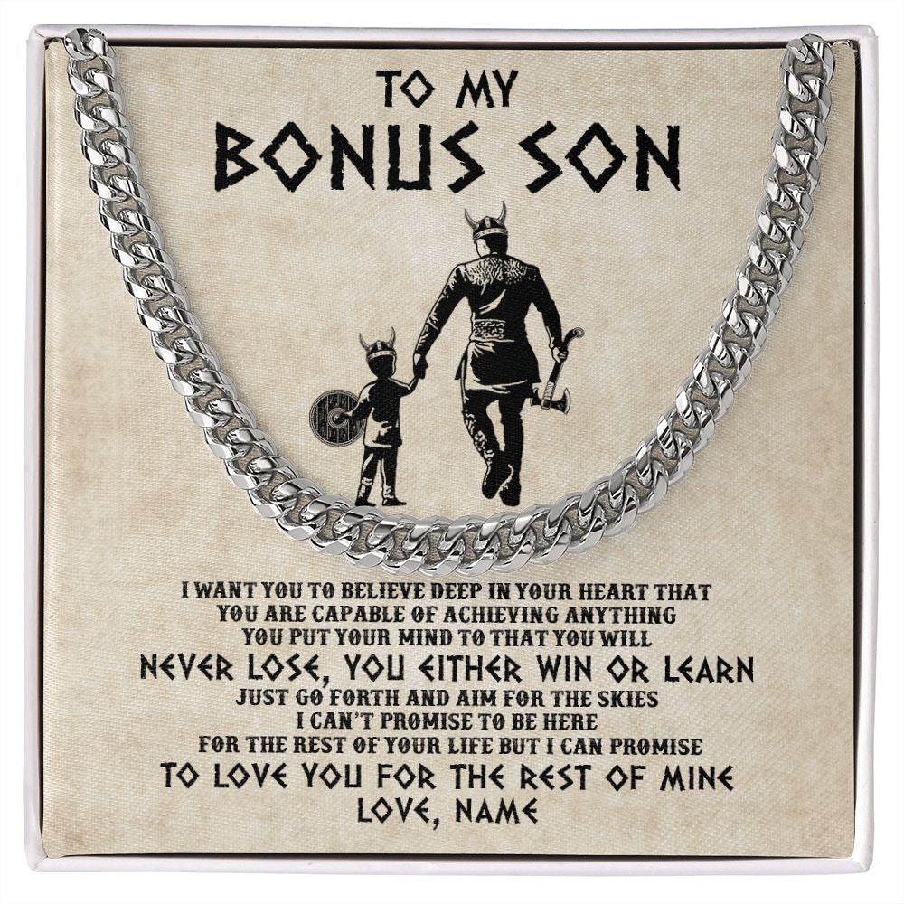 Cuban Link Chain Necklace | Personalized To My Bonus Son Necklace From Stepdad You Will Never Lose Viking Stepson Birthday Graduation Christmas Customized Gift Box Message Card | siriusteestore