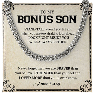 Cuban Link Chain Necklace | Personalized To My Bonus Son Necklace From Stepmom Never Forget That You Are Braver Stepson Birthday Graduation Christmas Customized Gift Box Message Card | siriusteestore