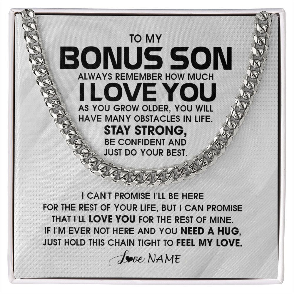 Cuban Link Chain Necklace | Personalized To My Bonus Son Necklace From Stepmom Stepdad Always Remember I Love You Stepson Birthday Christmas Customized Gift Box Message Card | siriusteestore