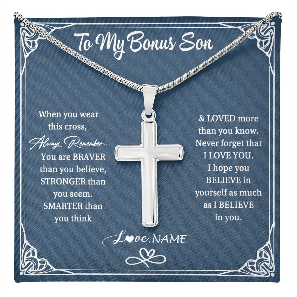 Stainless Cross Necklace | Personalized To My Bonus Son Necklace From Stepmom Stepdad When Your Wear This Always Remember Stepson Birthday Christmas Customized Gift Box Message Card | siriusteestore