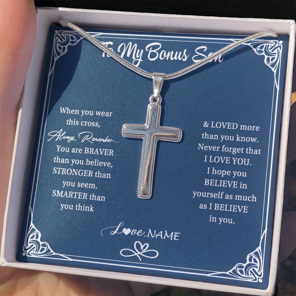Stainless Cross Necklace | Personalized To My Bonus Son Necklace From Stepmom Stepdad When Your Wear This Always Remember Stepson Birthday Christmas Customized Gift Box Message Card | siriusteestore