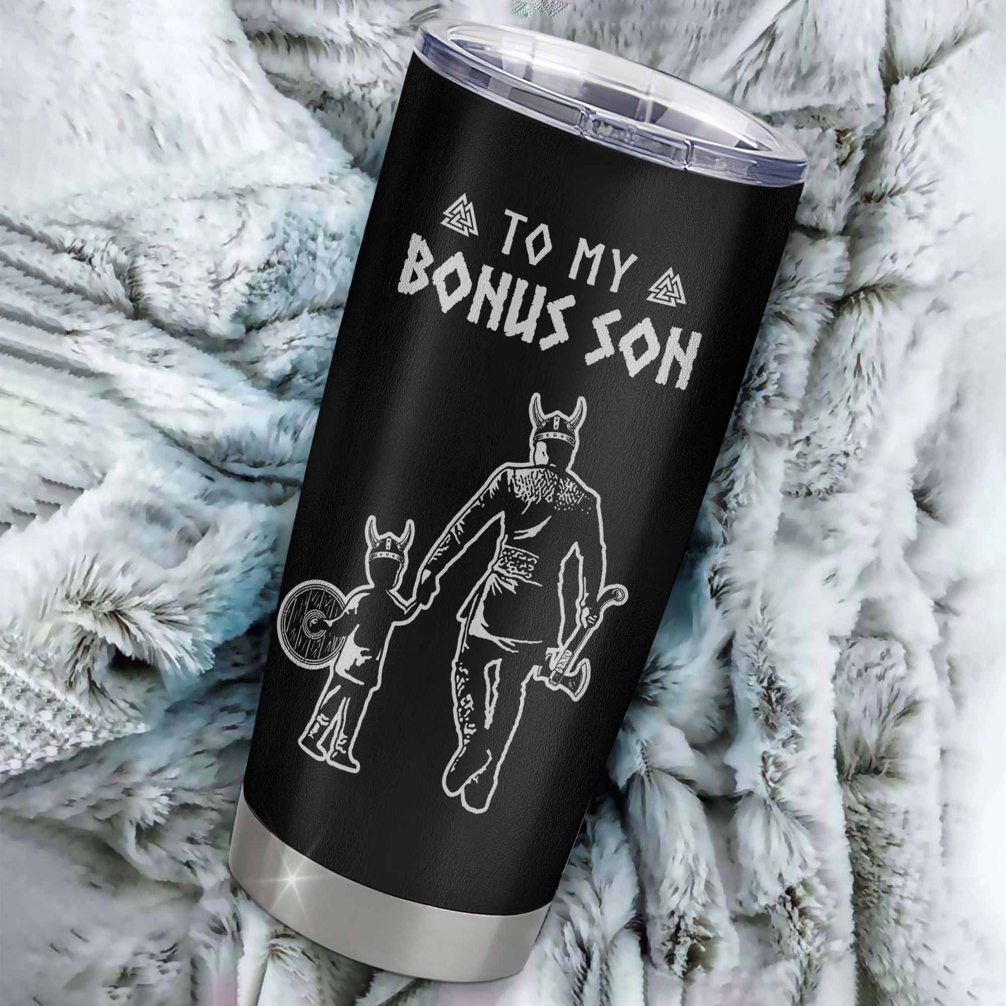Personalized To My Bonus Son Tumbler Viking Stainless Steel Cup Never Feel You Are Alone Scandinavian Runes Viking Stepson Birthday Christmas Travel Mug | siriusteestore