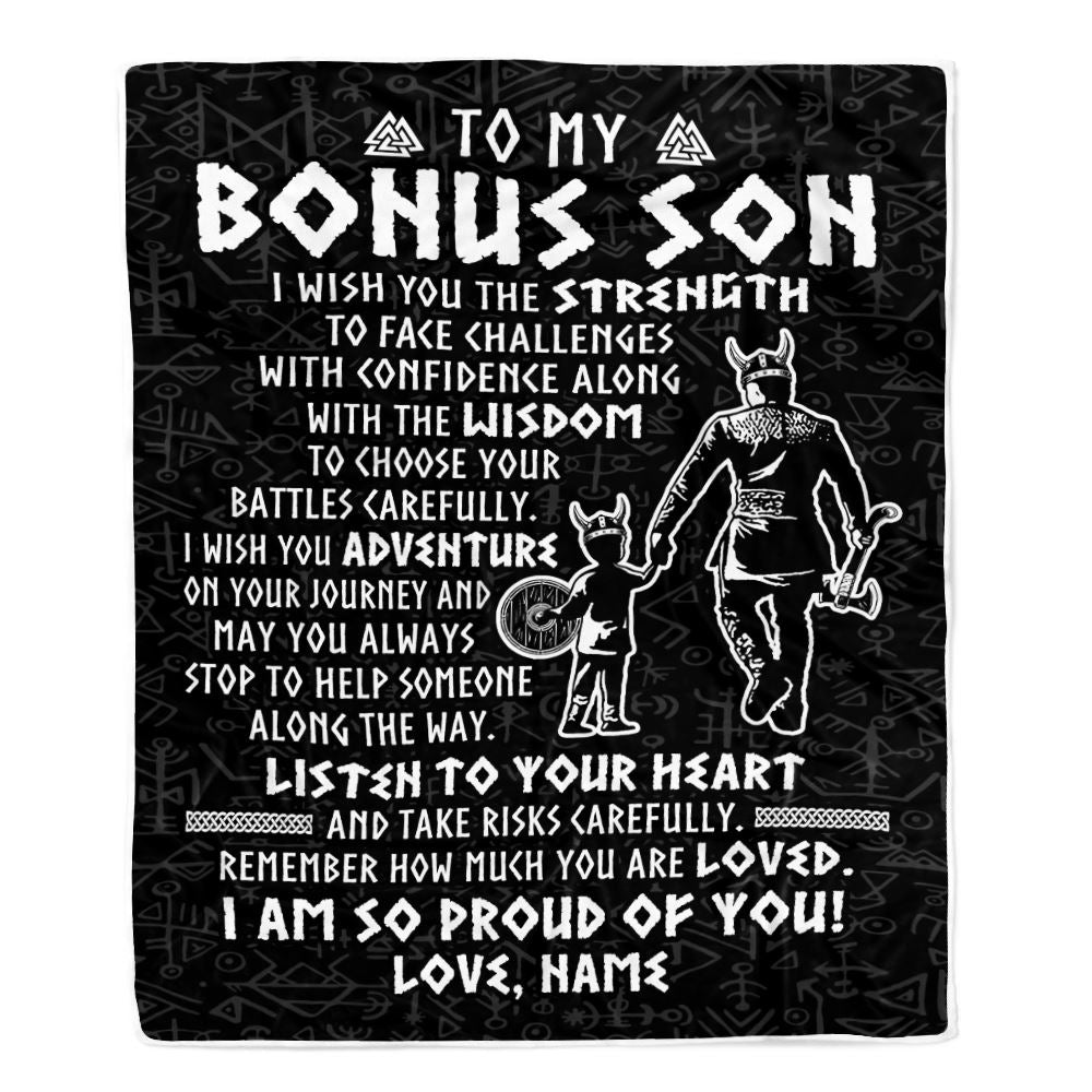 Personalized To My Bonus Son Viking Blanket From Stepdad I Am So Proud Of You Runes Viking Stepson Birthday Christmas Customized Bed Fleece Blanket | siriusteestore