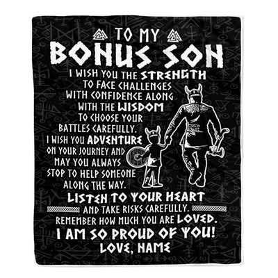 Personalized To My Bonus Son Viking Blanket From Stepdad I Am So Proud Of You Runes Viking Stepson Birthday Christmas Customized Bed Fleece Blanket | siriusteestore