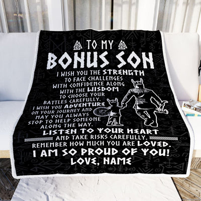 Personalized To My Bonus Son Viking Blanket From Stepdad I Am So Proud Of You Runes Viking Stepson Birthday Christmas Customized Bed Fleece Blanket | siriusteestore
