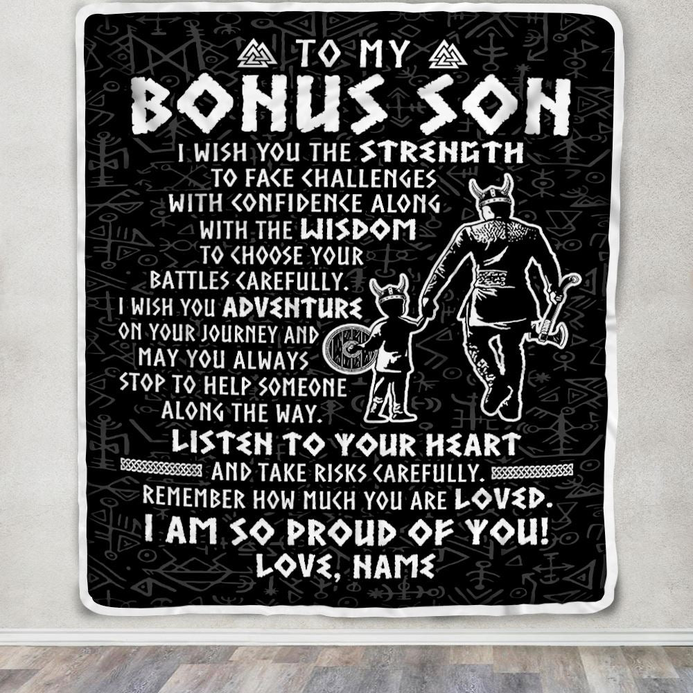 Personalized To My Bonus Son Viking Blanket From Stepdad I Am So Proud Of You Runes Viking Stepson Birthday Christmas Customized Bed Fleece Blanket | siriusteestore