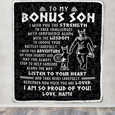 Personalized To My Bonus Son Viking Blanket From Stepdad I Am So Proud Of You Runes Viking Stepson Birthday Christmas Customized Bed Fleece Blanket | siriusteestore
