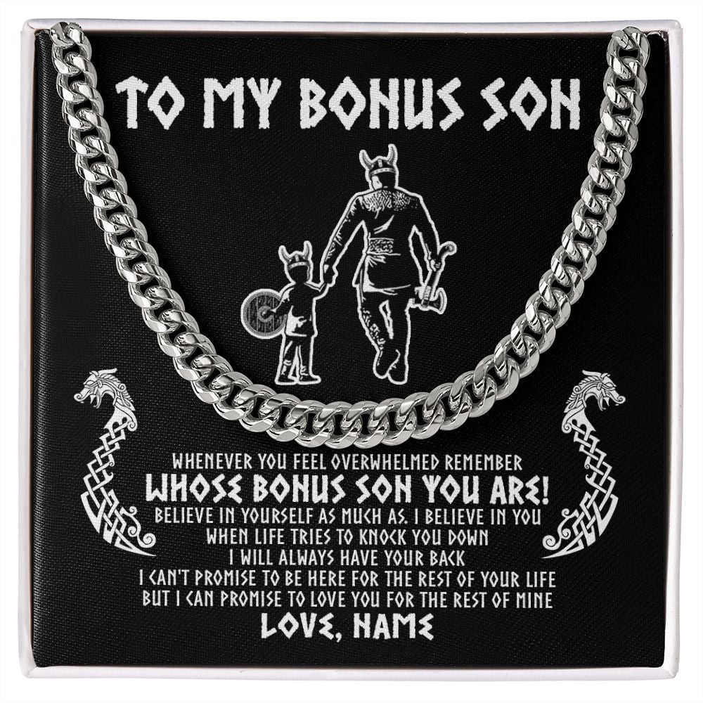 Cuban Link Chain Necklace | Personalized To My Bonus Son Viking Necklace From Step Dad Whenever You Feel Overwhelmed Stepson Birthday Christmas Customized Gift Box Message Card | siriusteestore