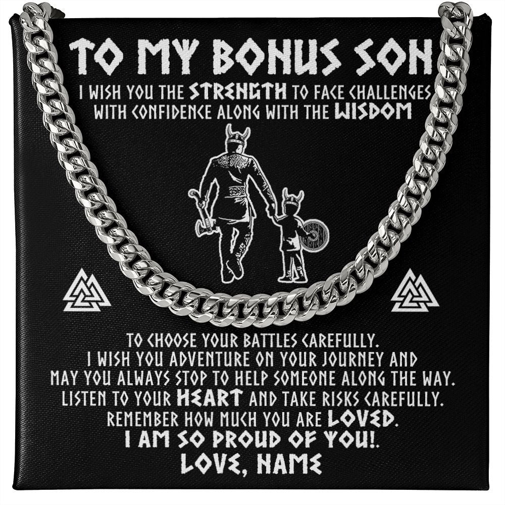 Cuban Link Chain Necklace | Personalized To My Bonus Son Viking Necklace From Stepdad I Am So Proud Of You Runes Viking Stepson Birthday Christmas Customized Gift Box Message Card | siriusteestore