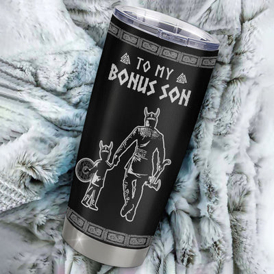 Personalized To My Bonus Son Viking Tumbler From Stepfather Stainless Steel Cup I Am So Proud Of You Runes Viking Stepson Birthday Christmas Travel Mug | siriusteestore