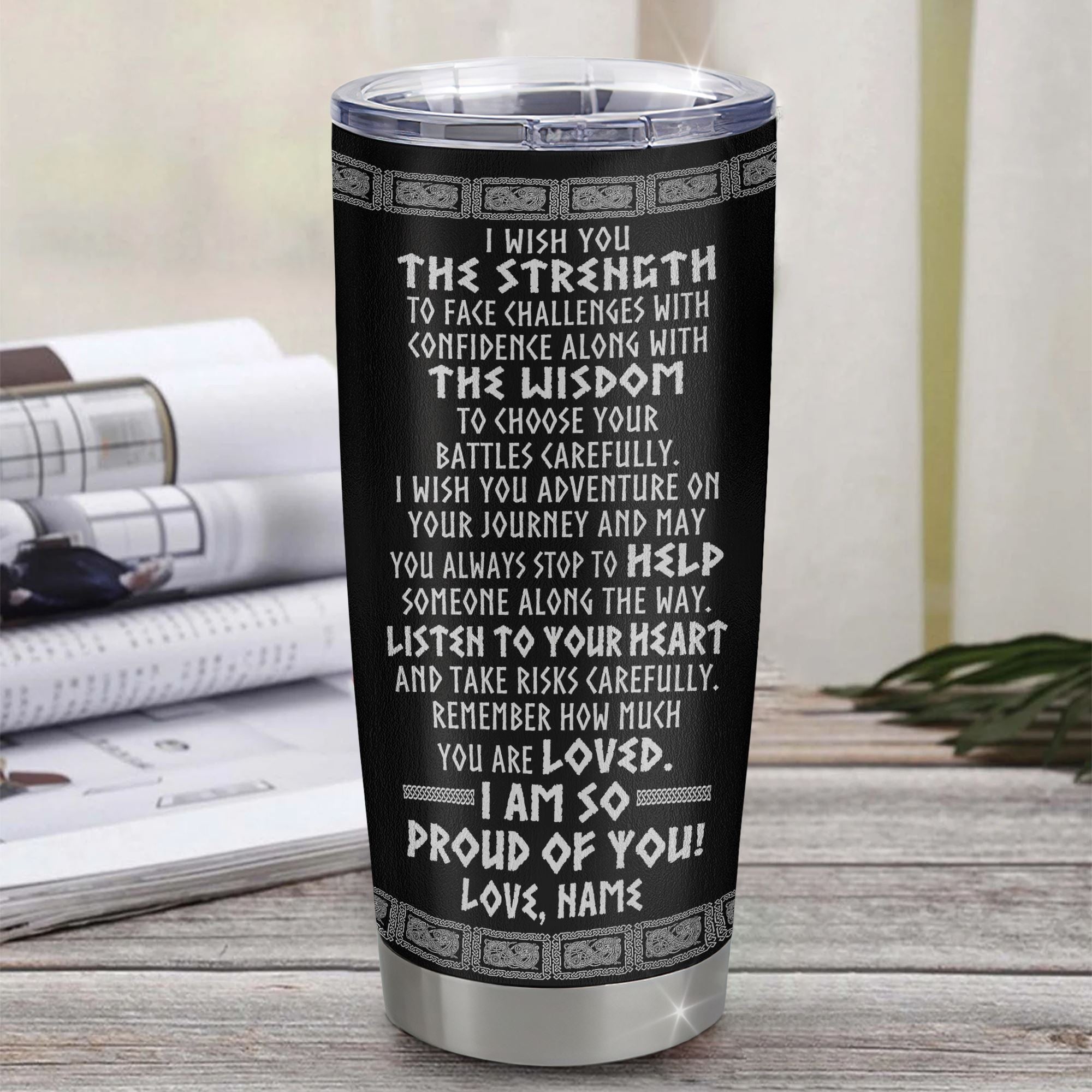 Personalized To My Bonus Son Viking Tumbler From Stepfather Stainless Steel Cup I Am So Proud Of You Runes Viking Stepson Birthday Christmas Travel Mug | siriusteestore